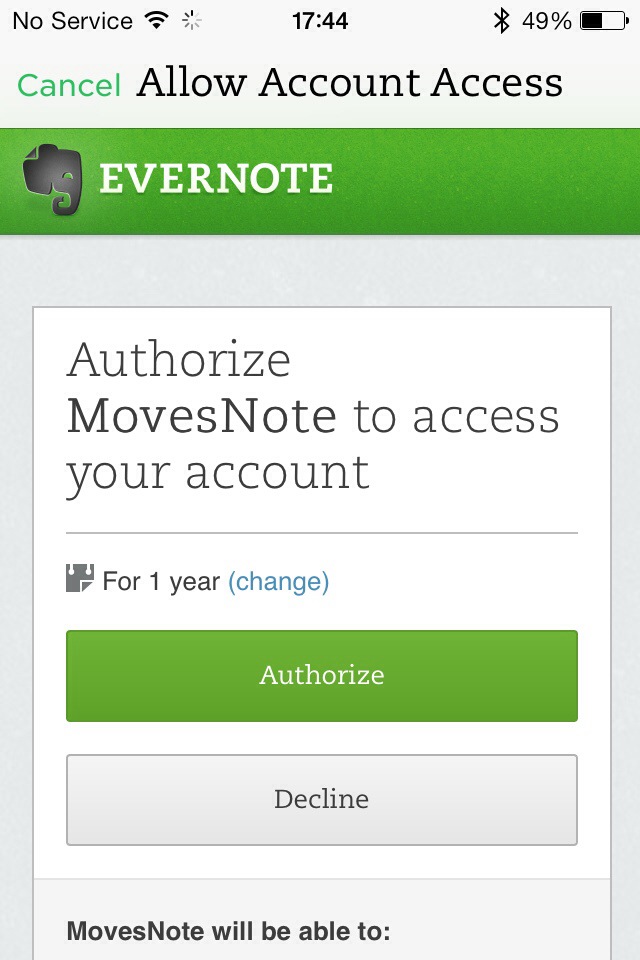 Authorising 3rd Party Apps with Passcode Lock on in Evernote